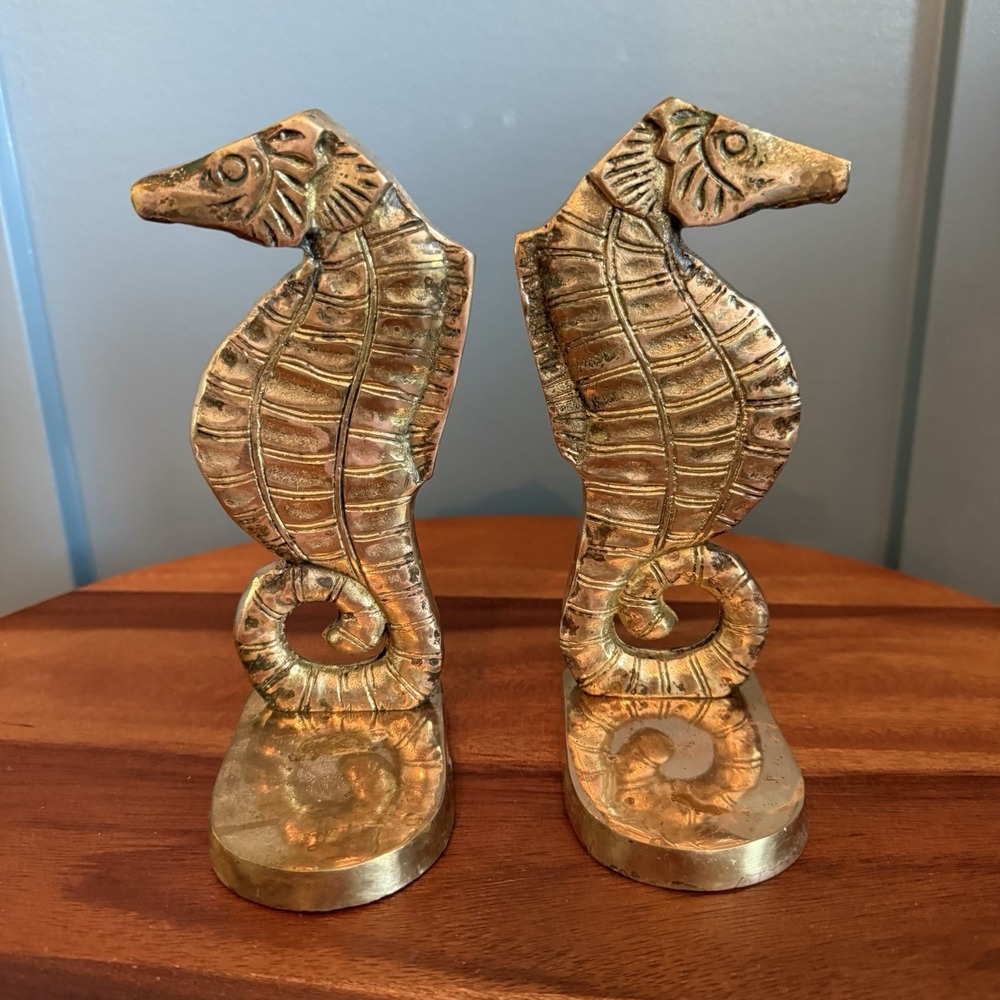 Vintage Brass Seahorse Bookends Pair Coastal Nautical Decor 7in